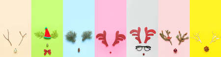 Set of cute Christmas reindeers made of different decorationsの写真素材