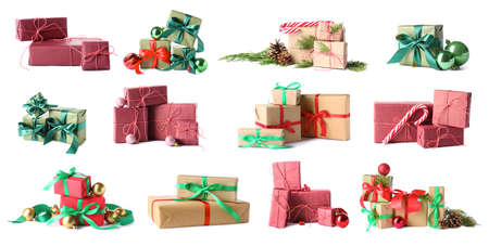 Collection of beautiful Christmas gifts isolated on whiteの写真素材