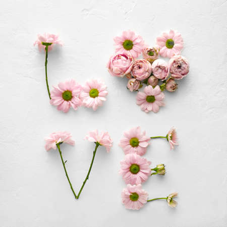 Word LOVE made of beautiful flowers on light backgroundの写真素材