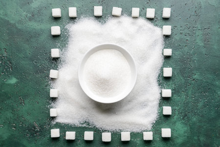 Bowl with sweet sugar on color backgroundの写真素材