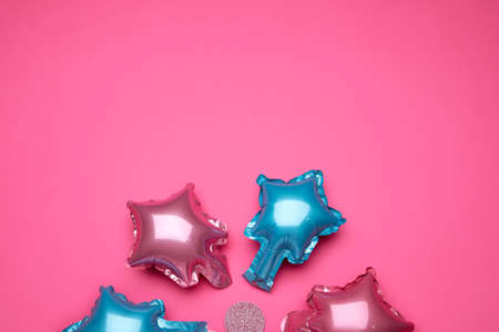 Beautiful different balloons on pink backgroundの写真素材