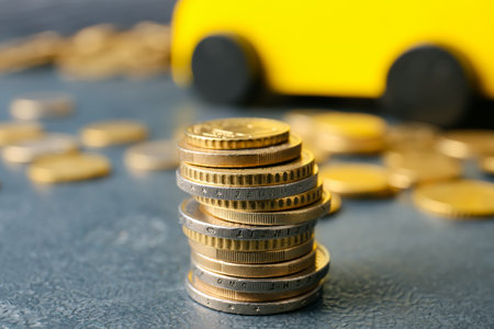 Golden coins on dark backgroundの写真素材