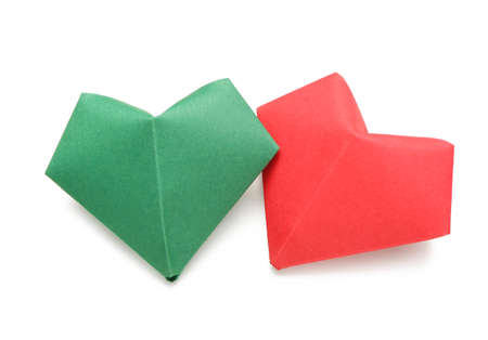 Origami hearts on white backgroundの写真素材