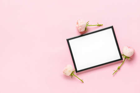 Beautiful flowers and blank frame on color backgroundの写真素材