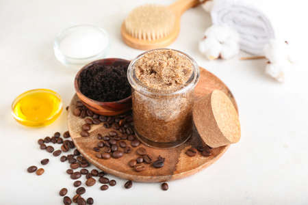 Composition with coffee body scrubs on white backgroundの写真素材