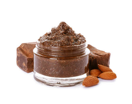 Jar with natural body scrub on white backgroundの写真素材