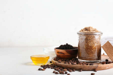 Composition with coffee body scrubs on light backgroundの写真素材