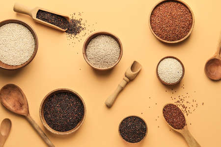 Different healthy quinoa on color backgroundの写真素材