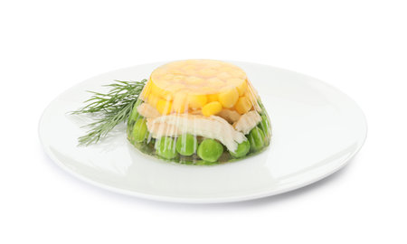 Plate with tasty aspic on white backgroundの写真素材
