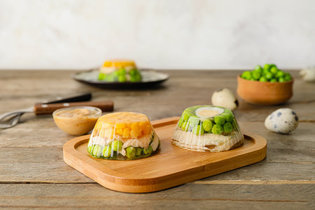 Tray with tasty aspic on table