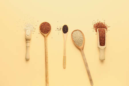 Different healthy quinoa on color backgroundの写真素材
