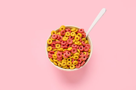 Bowl and spoon with crispy cereal rings on color backgroundの写真素材