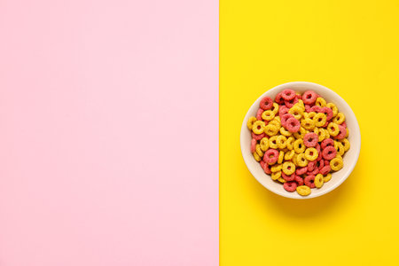 Bowl with tasty cereal rings on color backgroundの写真素材