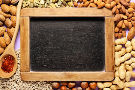 Empty chalkboard with different seeds, nuts and pills on color backgroundの写真素材