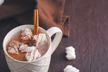 Cup of hot cocoa drink with marshmallows on dark background, closeupの写真素材