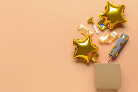 Party set with confetti on color background