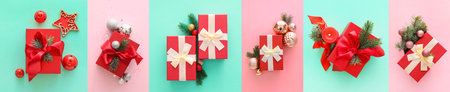Collection of stylish Christmas gifts on color backgroundの写真素材