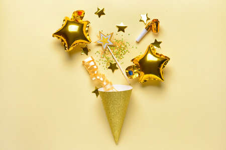 Party set with confetti on color backgroundの写真素材