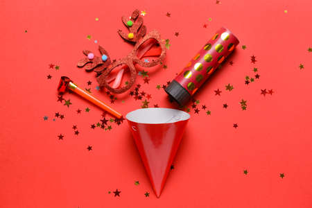 Party set with confetti on color backgroundの写真素材