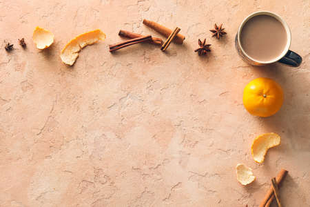 Composition with cocoa drink on color backgroundの写真素材