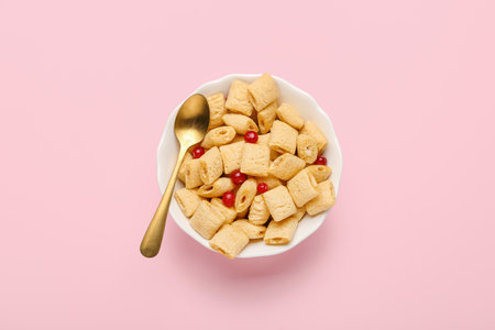 Bowl with tasty corn pillows and cranberries on color backgroundの写真素材