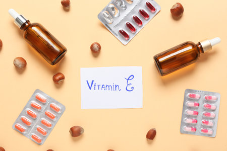 Text VITAMIN E with healthy nuts, pills and oil on color backgroundの写真素材