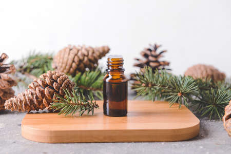 Bottle of coniferous essential oil on tableの写真素材