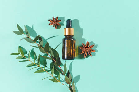 Bottle of essential oil on color backgroundの写真素材