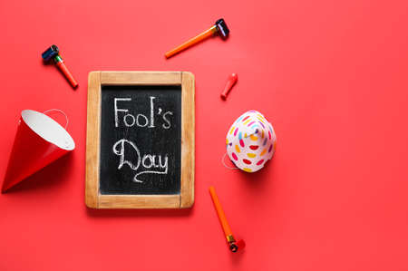 Composition for April Fool's Day on color backgroundの写真素材