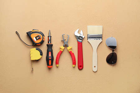 Set of tools on color backgroundの写真素材