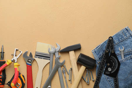 Set of tools on color backgroundの写真素材