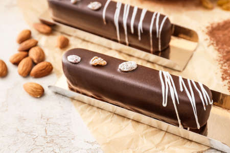 Tasty cocoa cake on grunge backgroundの写真素材