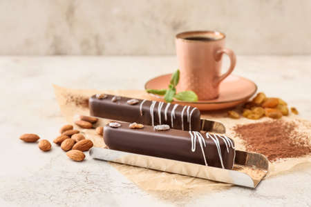 Tasty chocolate cakes on grunge backgroundの写真素材