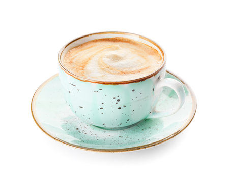 Cup of hot cappuccino coffee on white backgroundの写真素材