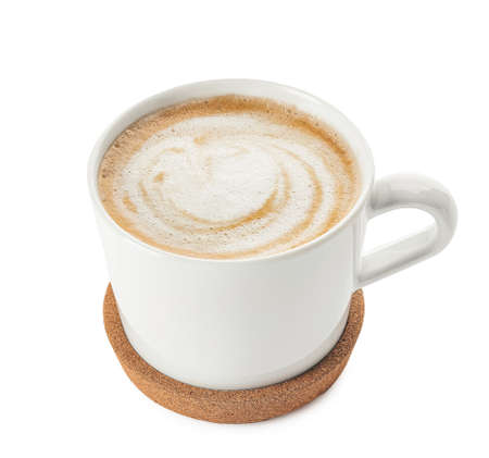 Cup of hot cappuccino coffee on white backgroundの写真素材