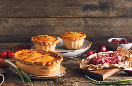 Tasty beef pot pies with meat on tableの写真素材