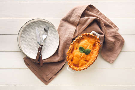 Tasty beef pot pie on table