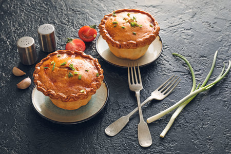 Tasty beef pot pies on dark backgroundの写真素材