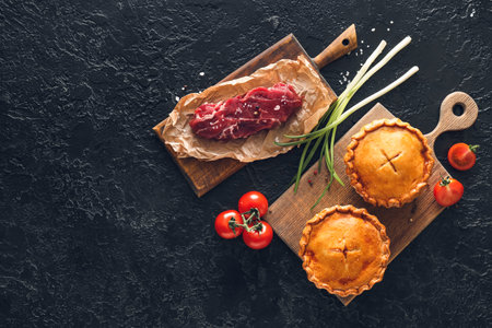 Tasty beef pot pies with meat on dark background