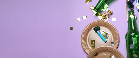 Composition of after party mess on color background with space for textの写真素材