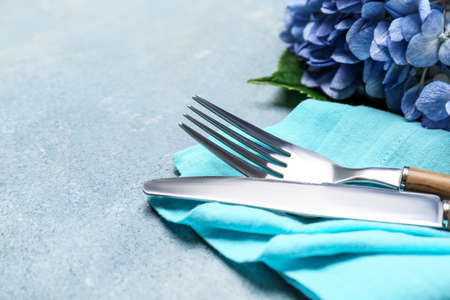 Cutlery for festive table setting on color background, closeupの写真素材
