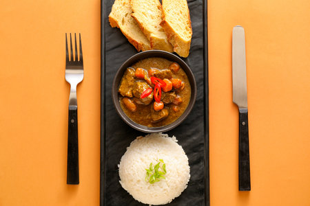 Bowl with tasty beef curry, bread and rice on color background
