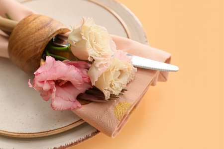 Beautiful table setting on color background, closeupの写真素材