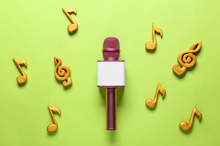 Modern microphone with music notes on color backgroundの写真素材