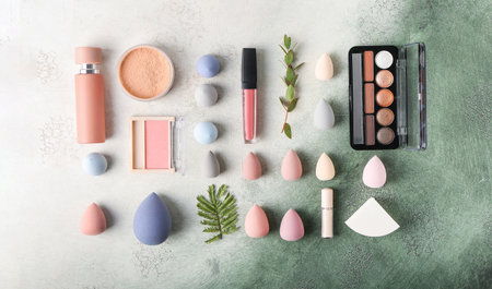 Composition with decorative cosmetics on tableの写真素材