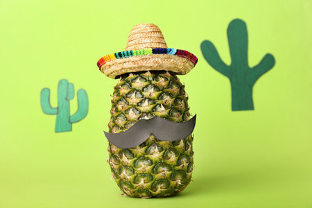 Funny pineapple in sombrero and paper mustache on color backgroundの写真素材