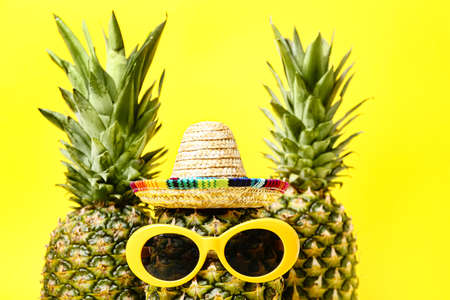 Fresh pineapples with sombrero and sunglasses on color backgroundの写真素材