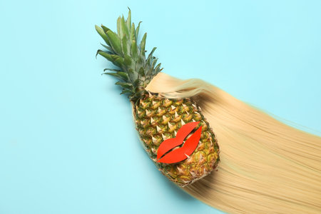 Funny pineapple with paper lips and hair strand on color backgroundの写真素材