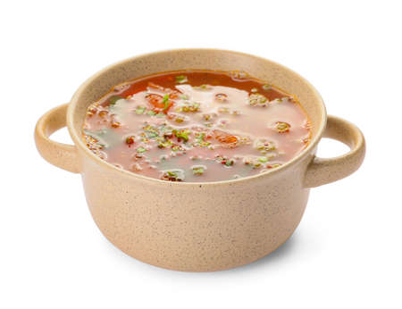 Pot of tasty lentil soup on white backgroundの写真素材