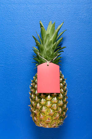Fresh pineapple with shopping tag on color backgroundの写真素材